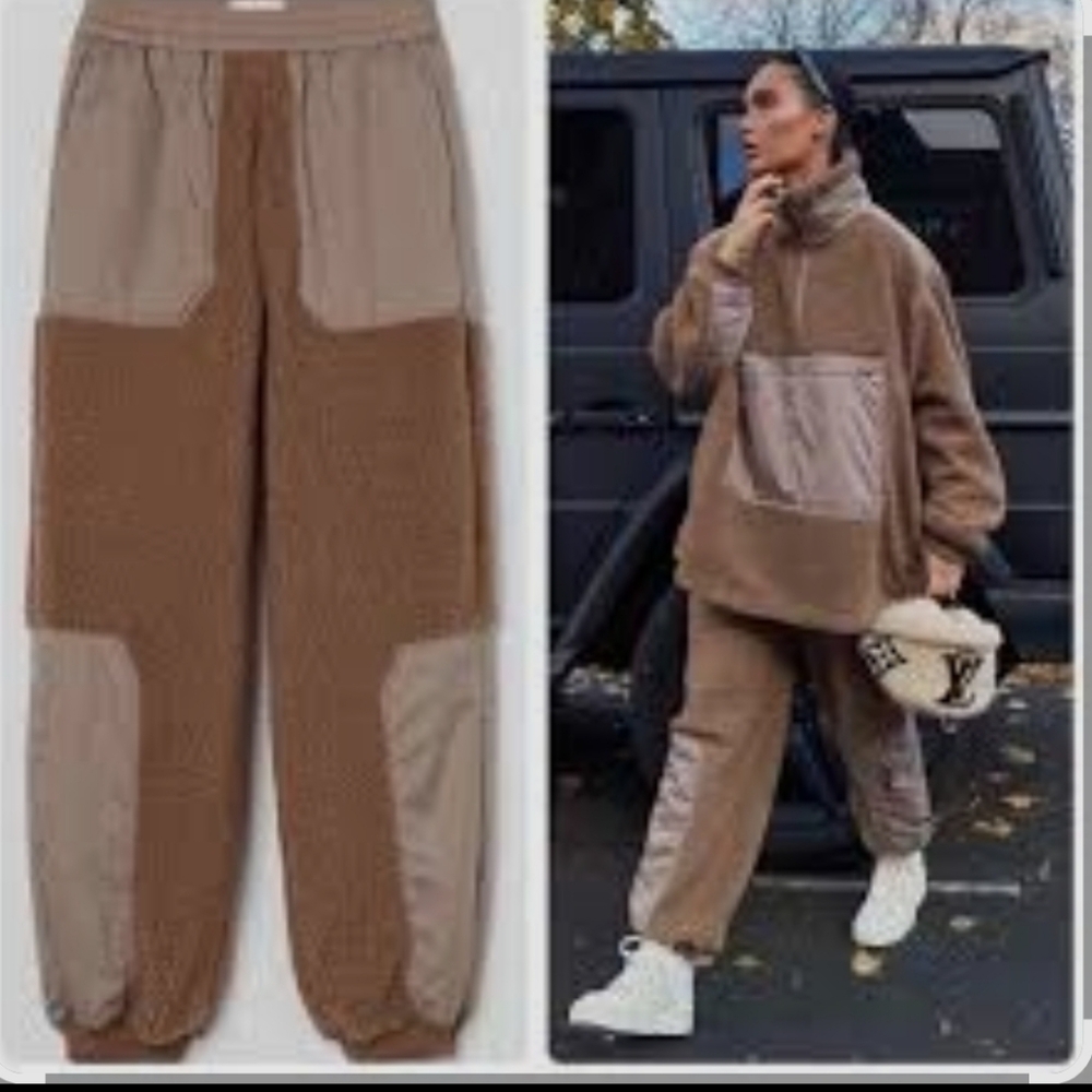 H&M Dark Beige Color Block Faux Shearling Jogger Pants. US XS